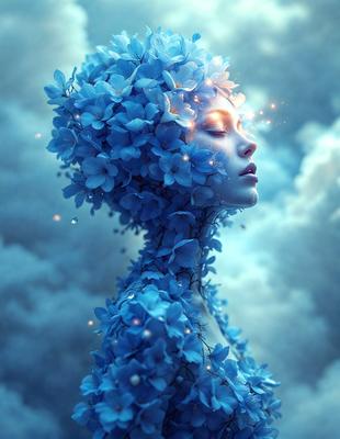 The primary subject of the image is a woman with a blue flower crown on her head. She is surrounded by a blue and white sky, which serves as the setting for the scene. The visual style of the image is digital art, as it is a detailed and intricate illustration of the woman. The dominant colors in the image are blue and white, creating a serene and peaceful atmosphere.